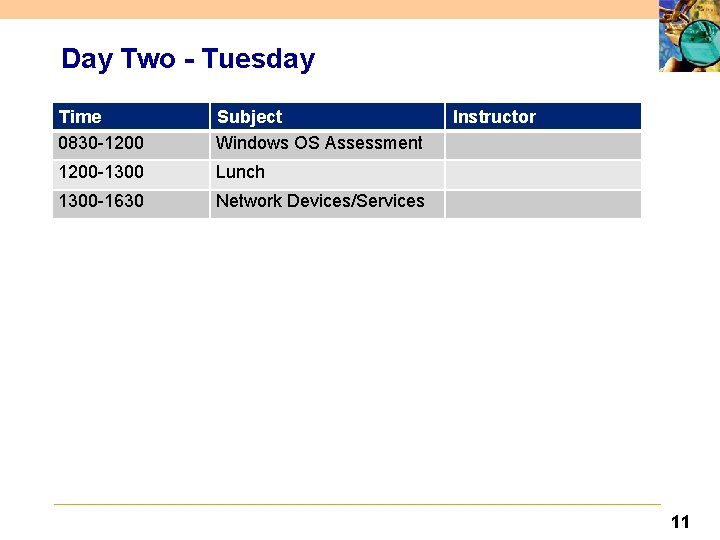 Day Two - Tuesday Time 0830 -1200 Subject Windows OS Assessment 1200 -1300 Lunch