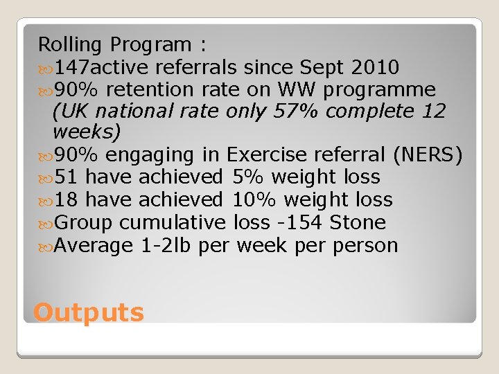 Rolling Program : 147 active referrals since Sept 2010 90% retention rate on WW