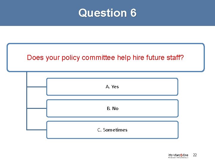 Question 6 Does your policy committee help hire future staff? A. Yes B. No