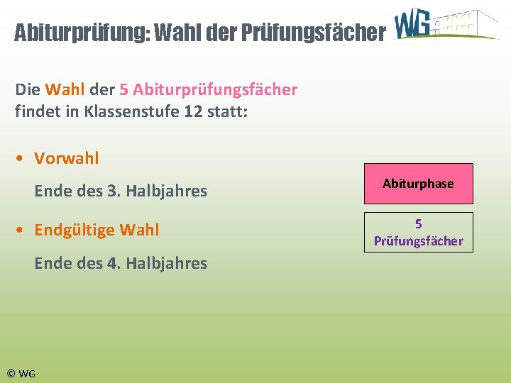 Abiturprüfung: Wahl der Prüfungsfächer Die Wahl der 5 Abiturprüfungsfächer findet in Klassenstufe 12 statt: