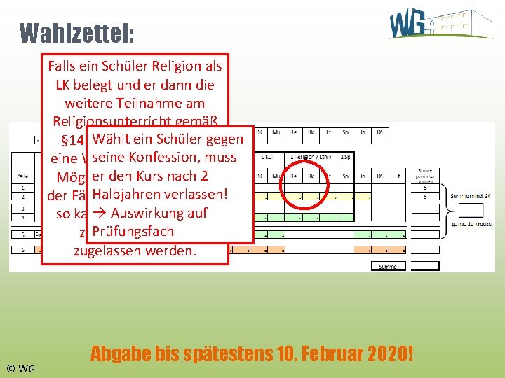 Wahlzettel: Falls ein Schüler Religion als LK belegt und er dann die weitere Teilnahme