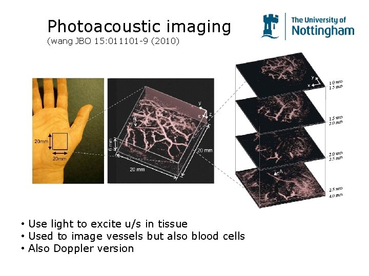 Photoacoustic imaging (wang JBO 15: 011101 -9 (2010) • Use light to excite u/s Photoacoustic imaging (wang JBO 15: 011101 -9 (2010) • Use light to excite u/s