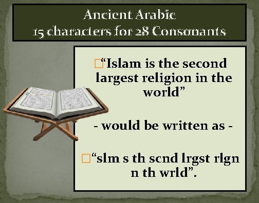 Ancient Arabic 15 characters for 28 Consonants �“Islam is the second largest religion in