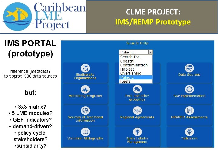CLME PROJECT: IMS/REMP Prototype IMS PORTAL (prototype) reference (metadata) to approx. 300 data sources