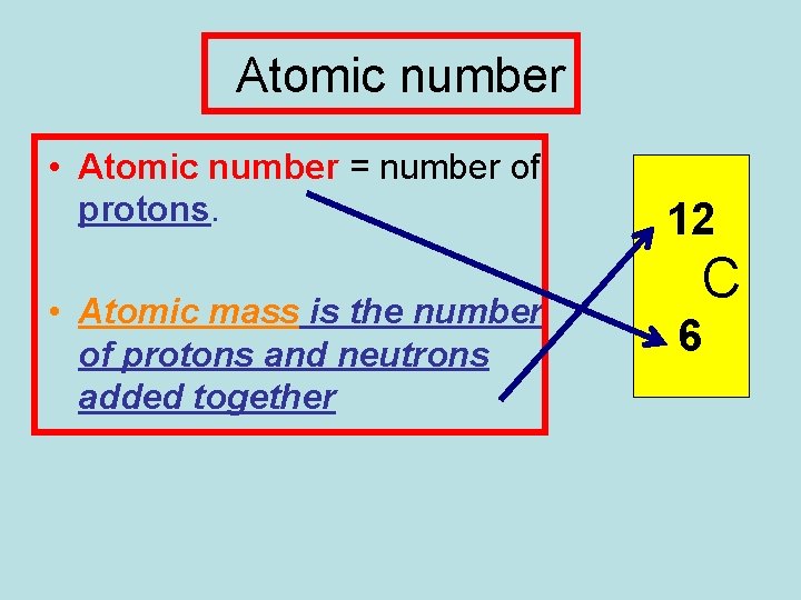 Atomic number • Atomic number = number of protons. • Atomic mass is the