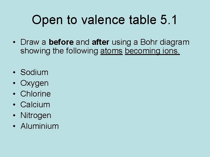Open to valence table 5. 1 • Draw a before and after using a