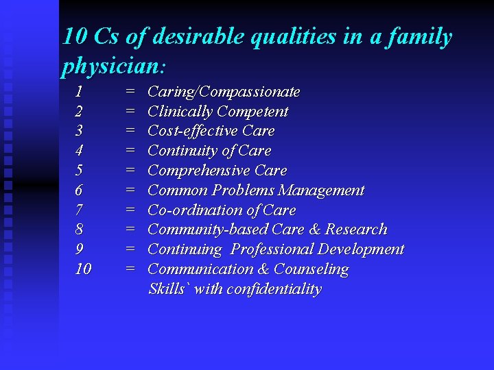 10 Cs of desirable qualities in a family physician: 1 2 3 4 5