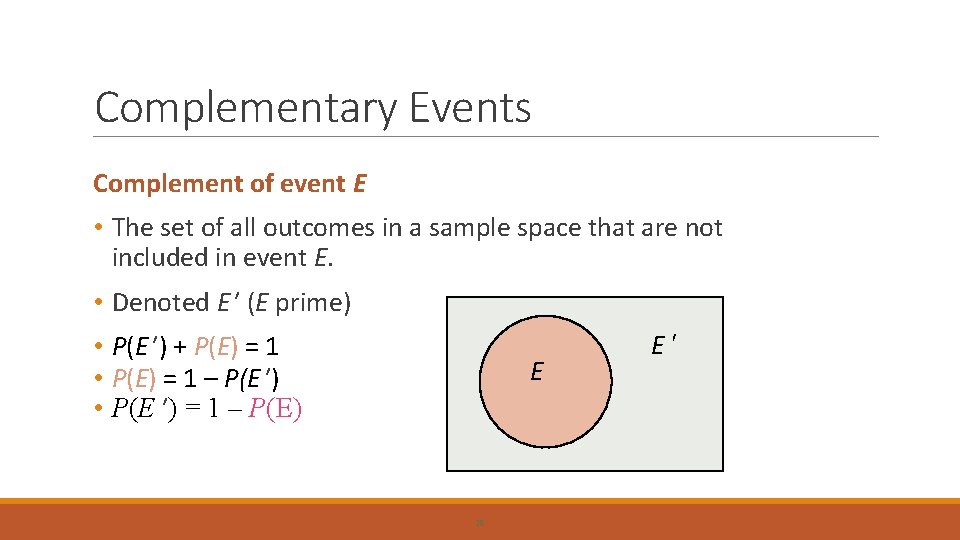 Complementary Events Complement of event E • The set of all outcomes in a