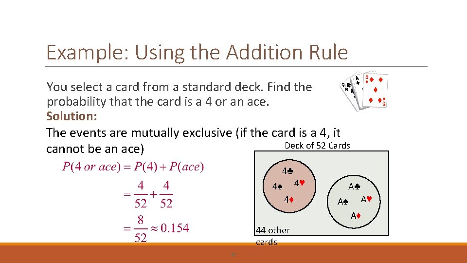 Example: Using the Addition Rule You select a card from a standard deck. Find