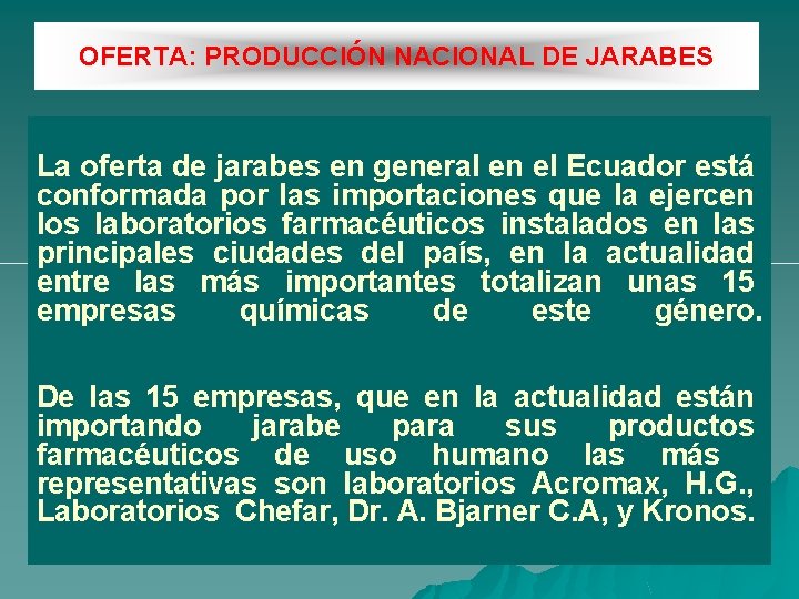 OFERTA: PRODUCCIÓN NACIONAL DE JARABES La oferta de jarabes en general en el Ecuador