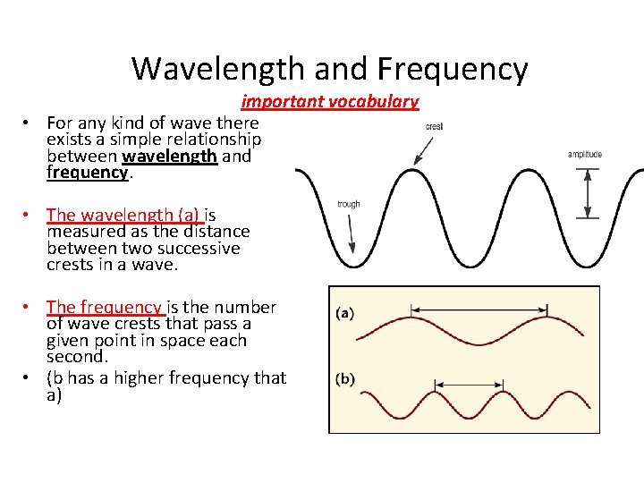 Wavelength and Frequency important vocabulary • For any kind of wave there exists a