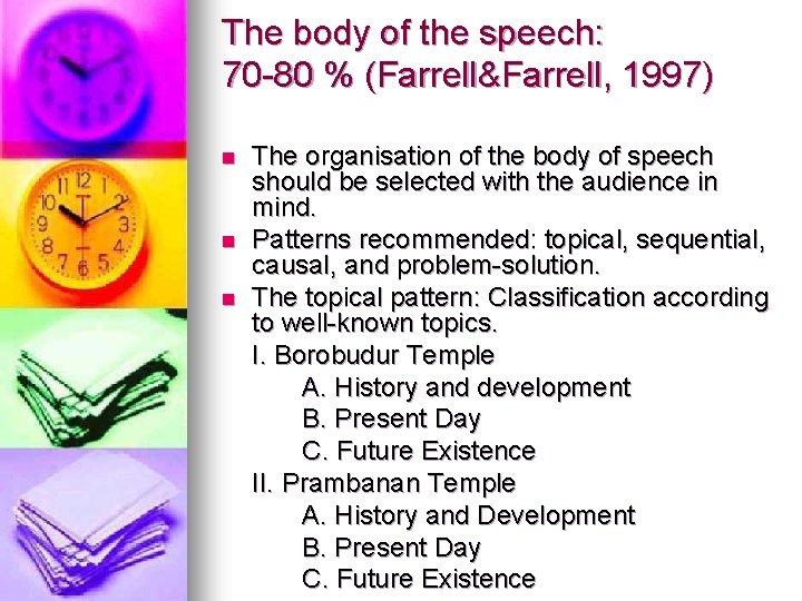 The body of the speech: 70 -80 % (Farrell&Farrell, 1997) n n n The