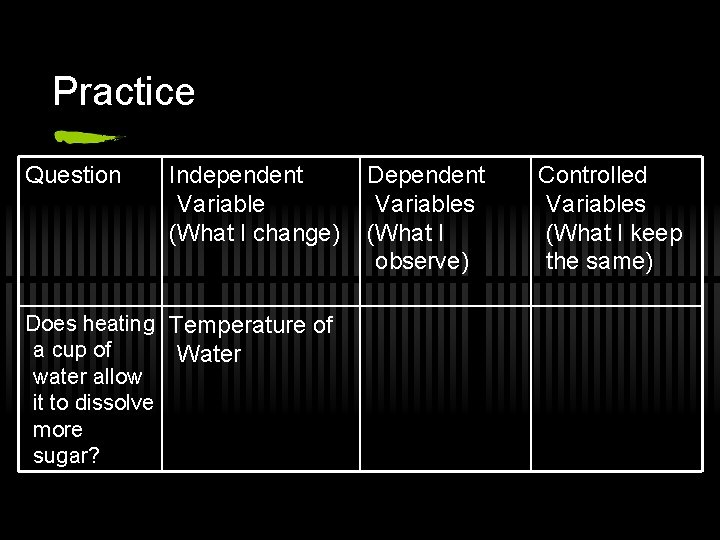 Practice Question Independent Variable (What I change) Does heating Temperature of a cup of