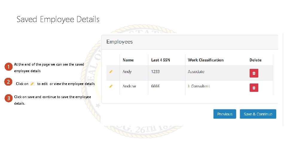 Saved Employee Details 1 2 3 At the end of the page we can