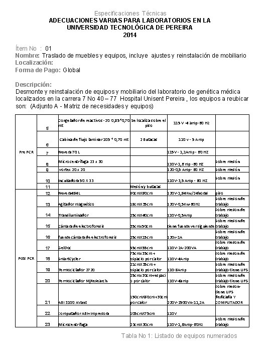 Especificaciones Técnicas ADECUACIONES VARIAS PARA LABORATORIOS EN LA UNIVERSIDAD TECNOLÓGICA DE PEREIRA 2014 Ítem