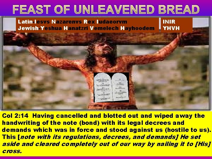FEAST OF UNLEAVENED BREAD Latin-Iesvs Nazarenvs Rex Iudaeorvm Jewish-Yeshua Hanatzri Vemelech Hayhoodem INIR YHVH