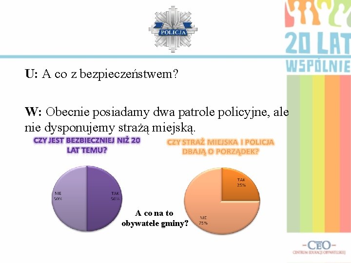 U: A co z bezpieczeństwem? W: Obecnie posiadamy dwa patrole policyjne, ale nie dysponujemy