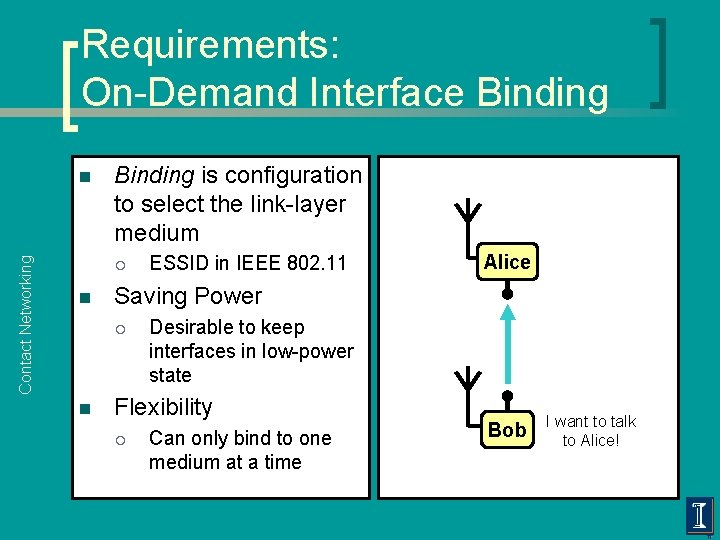 Requirements: On-Demand Interface Binding Contact Networking n Binding is configuration to select the link-layer
