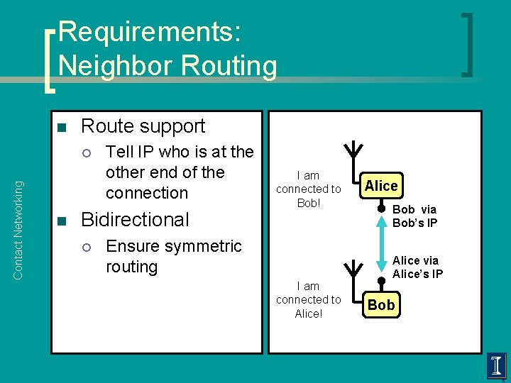 Requirements: Neighbor Routing n Route support Contact Networking ¡ n Tell IP who is