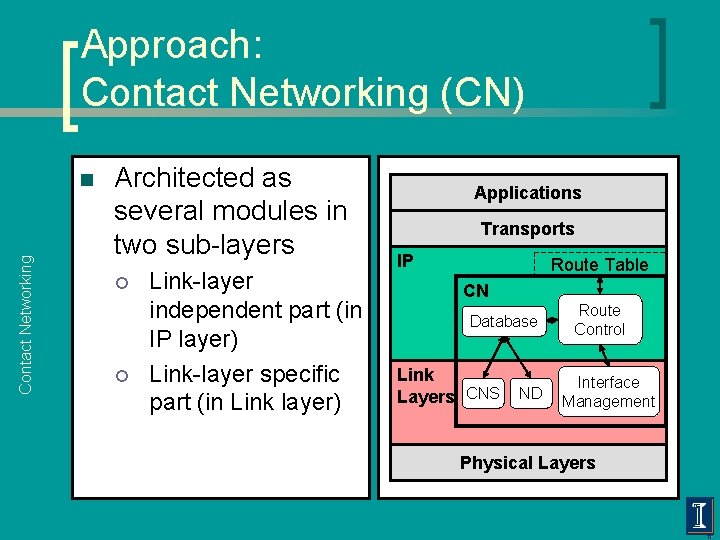 Approach: Contact Networking (CN) Contact Networking n Architected as several modules in two sub-layers