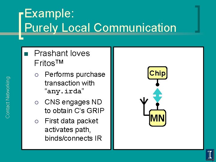 Example: Purely Local Communication Contact Networking n Prashant loves Fritos. TM ¡ Performs purchase