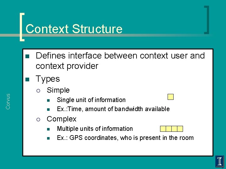 Context Structure n Corvus n Defines interface between context user and context provider Types