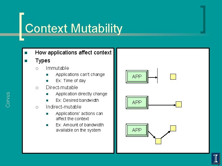 Context Mutability n n How applications affect context Types ¡ Immutable n n Corvus