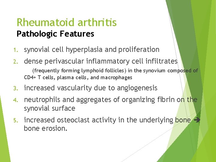 Rheumatoid arthritis Pathologic Features 1. synovial cell hyperplasia and proliferation 2. dense perivascular inflammatory