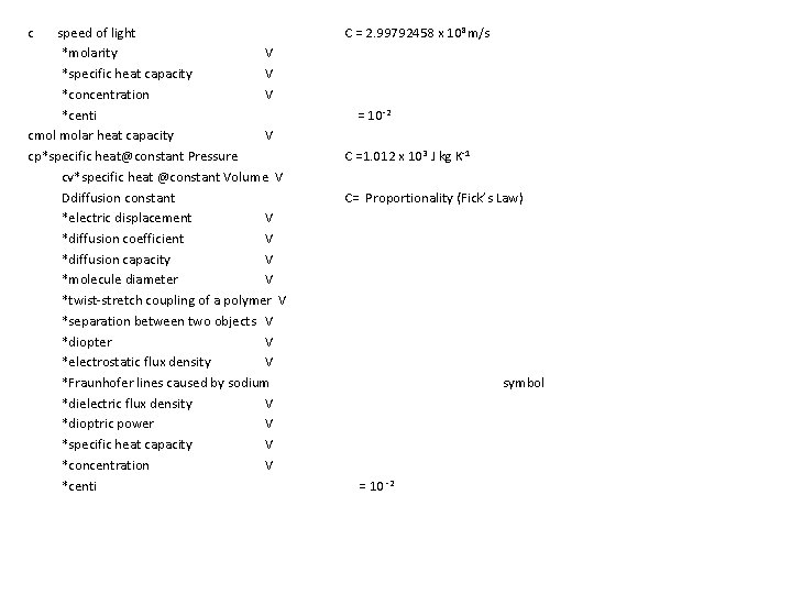 c speed of light *molarity V *specific heat capacity V *concentration V *centi cmol