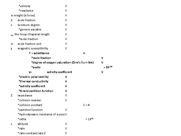 *velocity V *reactance V w weight (a force) V X mole fraction V x