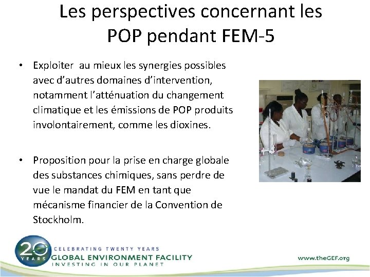 Les perspectives concernant les POP pendant FEM-5 • Exploiter au mieux les synergies possibles