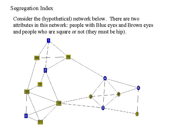 Segregation Index Consider the (hypothetical) network below. There are two attributes in this network: