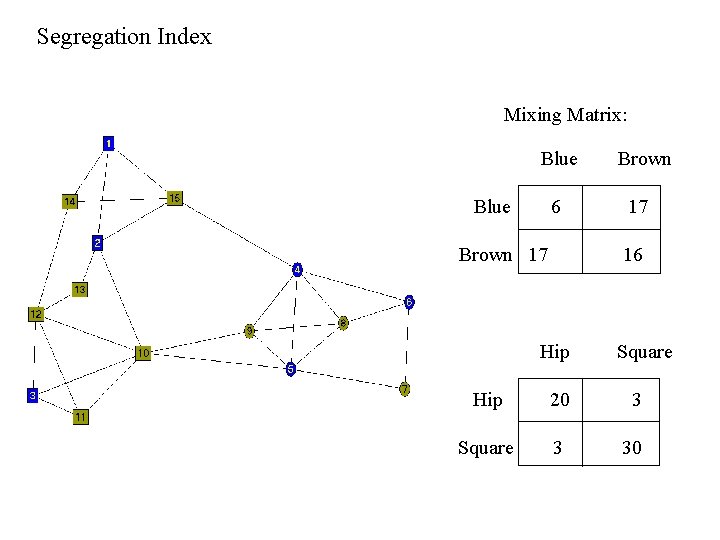 Segregation Index Mixing Matrix: Blue 6 Brown 17 16 Hip Square Hip 20 3