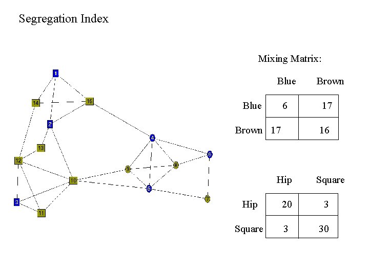 Segregation Index Mixing Matrix: Blue 6 Brown 17 16 Hip Square Hip 20 3