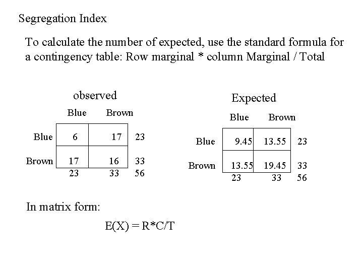 Segregation Index To calculate the number of expected, use the standard formula for a