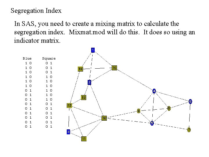Segregation Index In SAS, you need to create a mixing matrix to calculate the