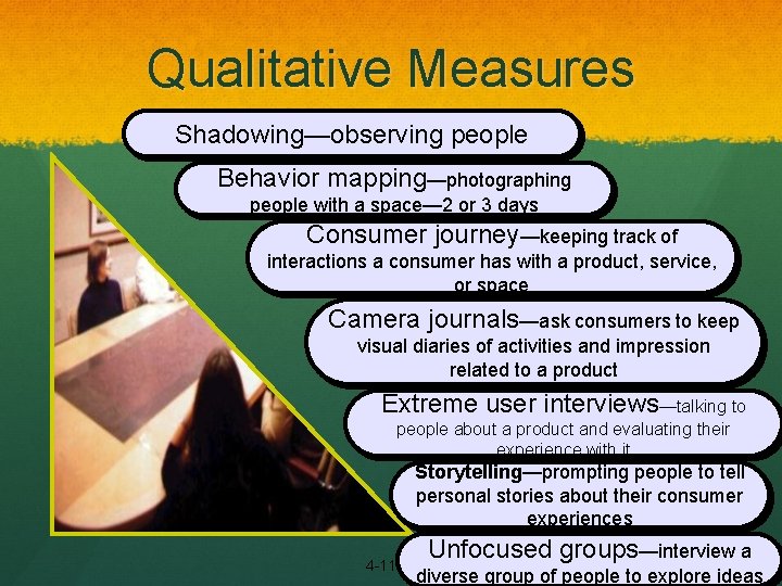 Qualitative Measures Shadowing—observing people Behavior mapping—photographing people with a space— 2 or 3 days