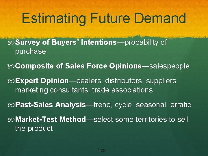 Estimating Future Demand Survey of Buyers’ Intentions—probability of purchase Composite of Sales Force Opinions—salespeople