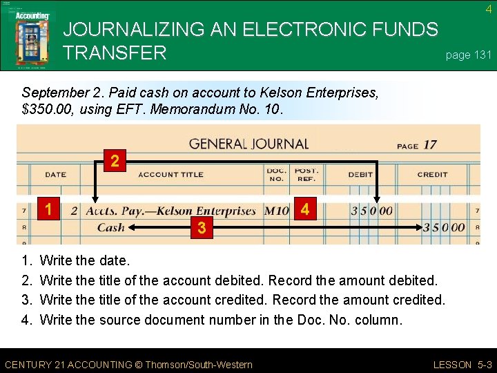 4 JOURNALIZING AN ELECTRONIC FUNDS TRANSFER page 131 September 2. Paid cash on account