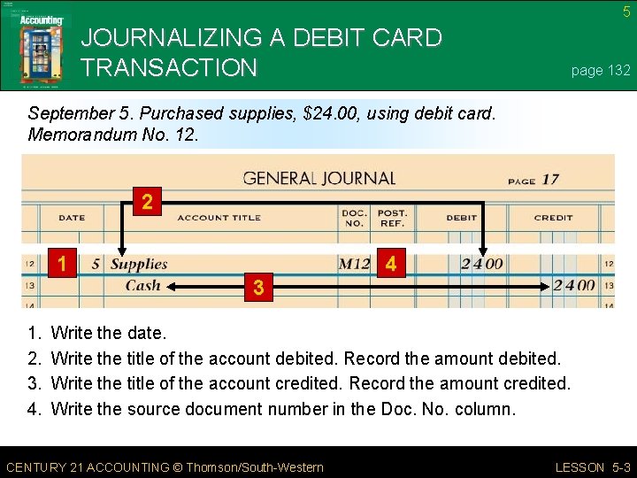 5 JOURNALIZING A DEBIT CARD TRANSACTION page 132 September 5. Purchased supplies, $24. 00,