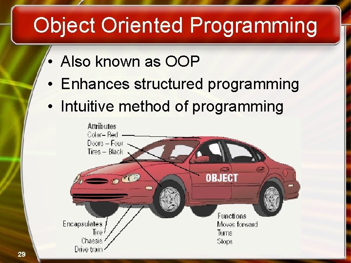 Object Oriented Programming • Also known as OOP • Enhances structured programming • Intuitive Object Oriented Programming • Also known as OOP • Enhances structured programming • Intuitive