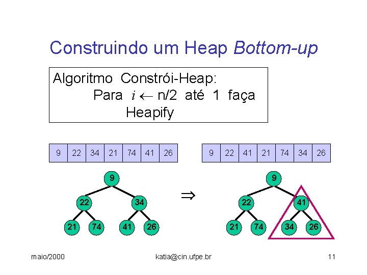 Construindo um Heap Bottom-up Algoritmo Constrói-Heap: Para i n/2 até 1 faça Heapify 9