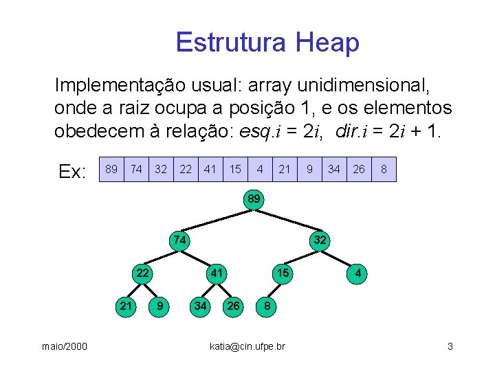 Estrutura Heap Implementação usual: array unidimensional, onde a raiz ocupa a posição 1, e