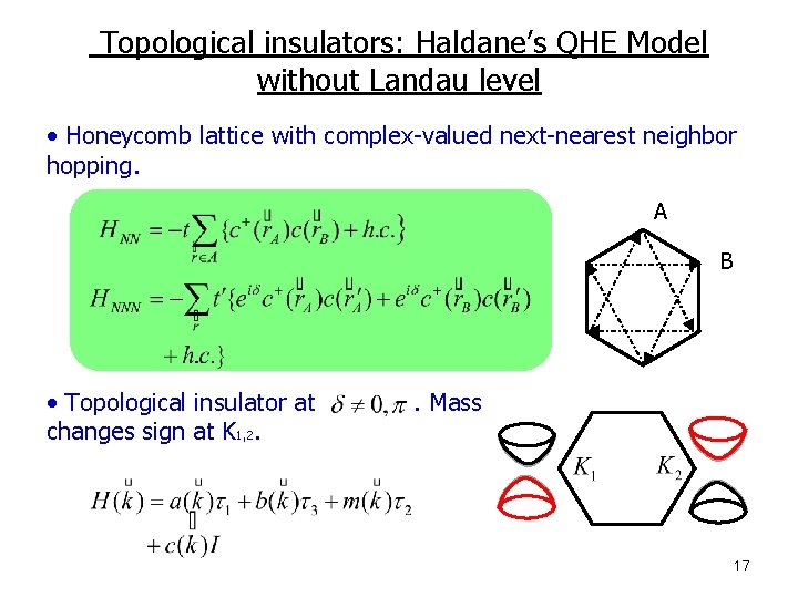 Topological insulators: Haldane’s QHE Model without Landau level • Honeycomb lattice with complex-valued next-nearest