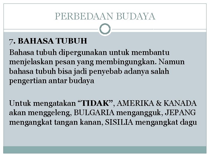 PERBEDAAN BUDAYA 7. BAHASA TUBUH Bahasa tubuh dipergunakan untuk membantu menjelaskan pesan yang membingungkan.