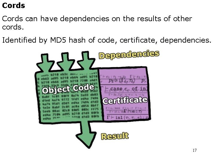 Cords can have dependencies on the results of other cords. Identified by MD 5 Cords can have dependencies on the results of other cords. Identified by MD 5