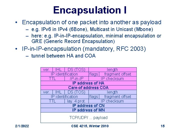 Encapsulation I • Encapsulation of one packet into another as payload – e. g.