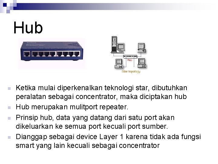 Hub n n Ketika mulai diperkenalkan teknologi star, dibutuhkan peralatan sebagai concentrator, maka diciptakan