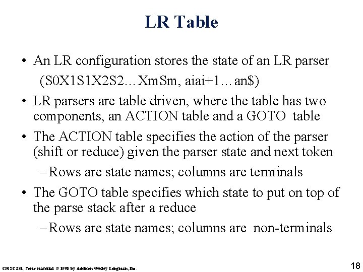 LR Table • An LR configuration stores the state of an LR parser (S