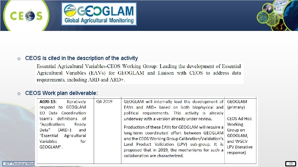 o CEOS is cited in the description of the activity o CEOS Work plan